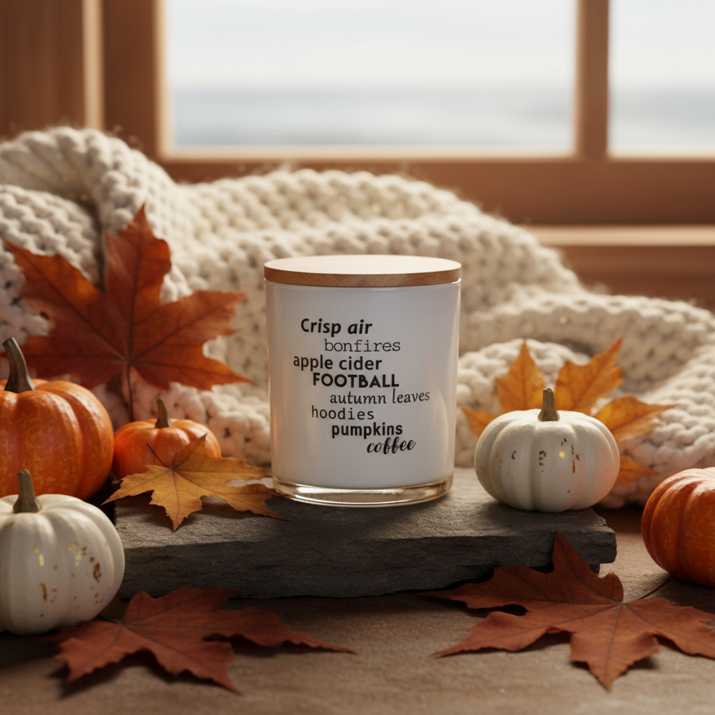 A white scented candle in a clear glass jar with a light wood lid sits on a dark stone slab, surrounded by autumn leaves, small pumpkins, and a chunky cream knit blanket in front of a window.
