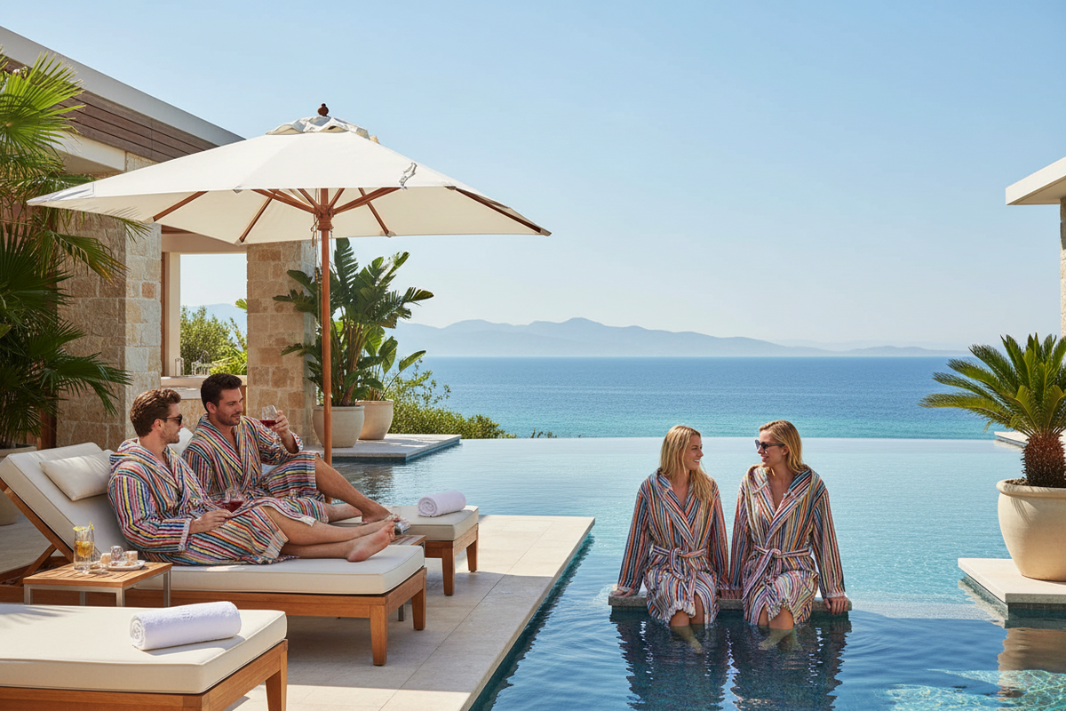 Four people wearing matching striped bathrobes relax by an infinity pool overlooking a blue ocean and distant mountains. Two people sit on lounge chairs under a large cream patio umbrella, and two women sit in the pool edge.