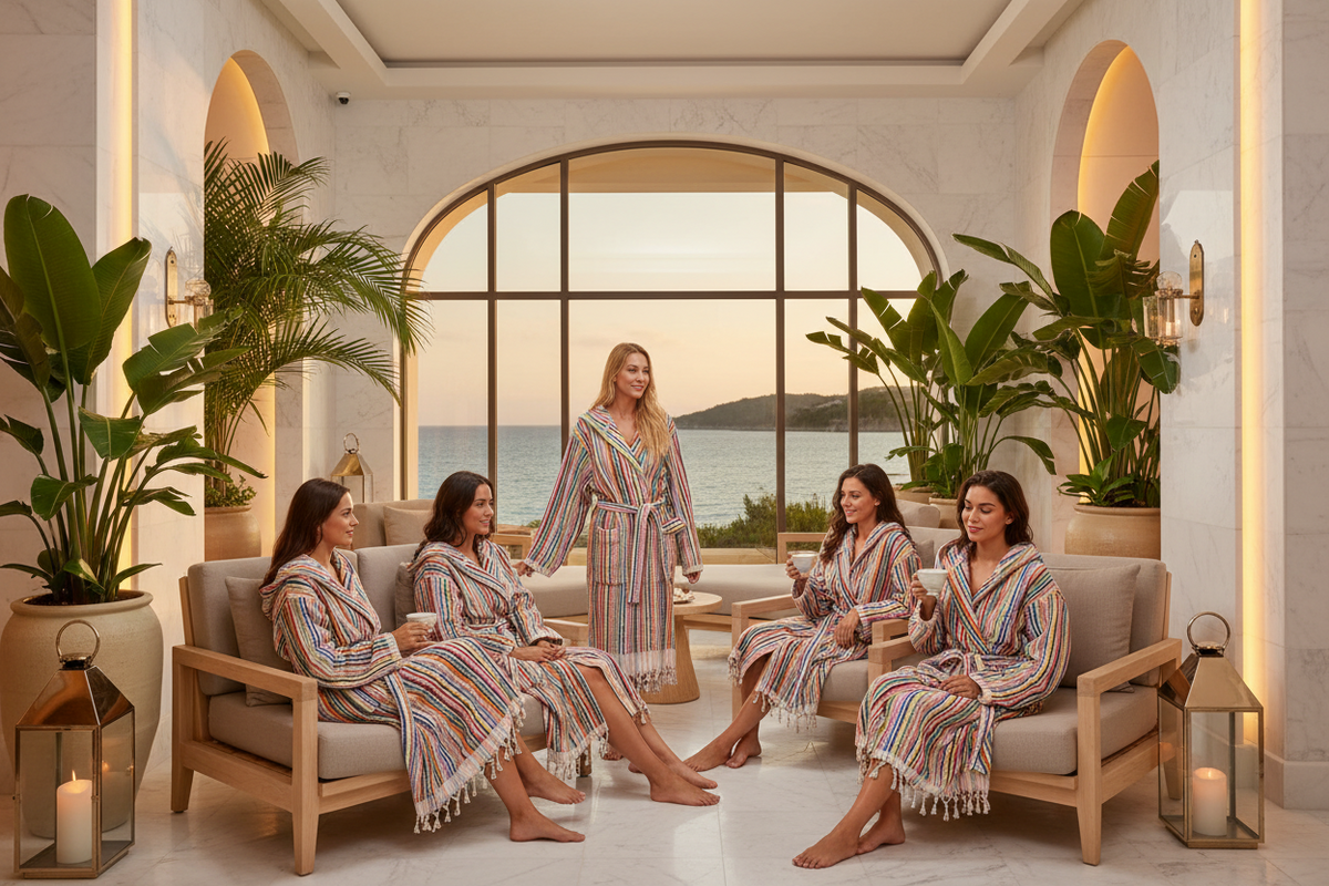 Four women wearing matching multicolor striped bathrobes relax in a luxurious spa lounge with a sea view background.