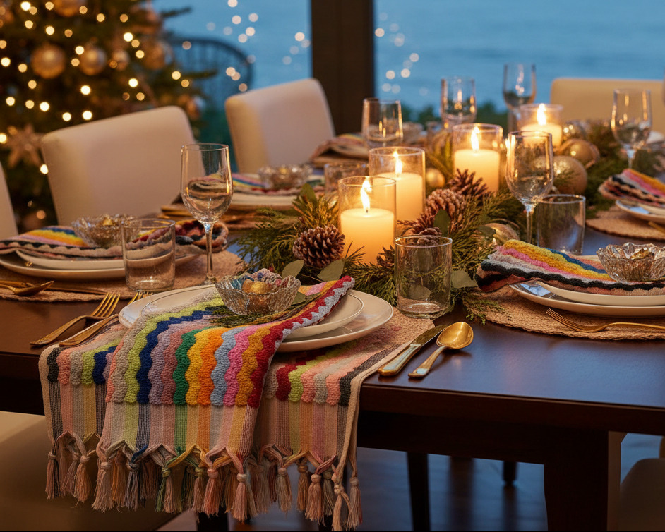 A beautifully set dining table for six with white plates, gold cutlery, colorful striped knit placemats, and lit candles, set against a window view of the ocean at dusk with a decorated Christmas tree in the background.