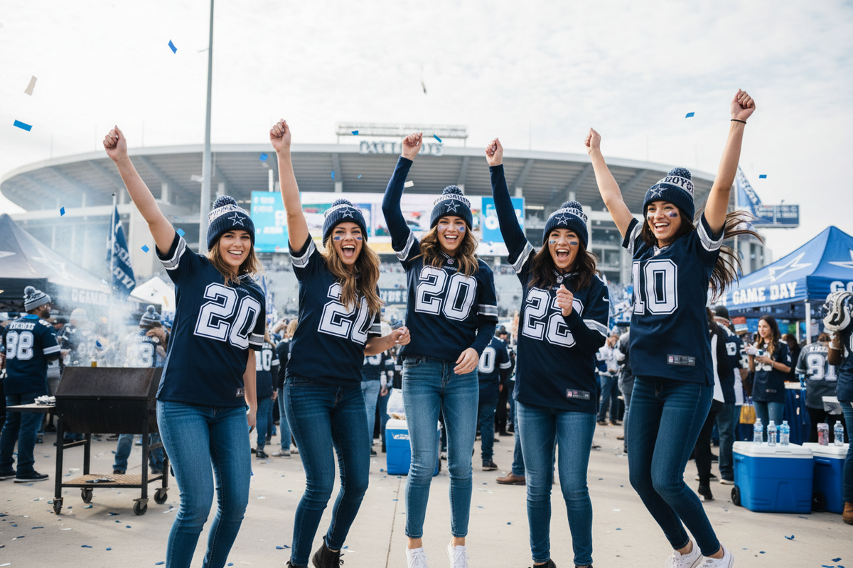 Four women wearing matching navy blue Dallas Cowboys jerseys, beanies, and jeans jump excitedly on an outdoor stadium field with confetti and a tailgate setup in the background.