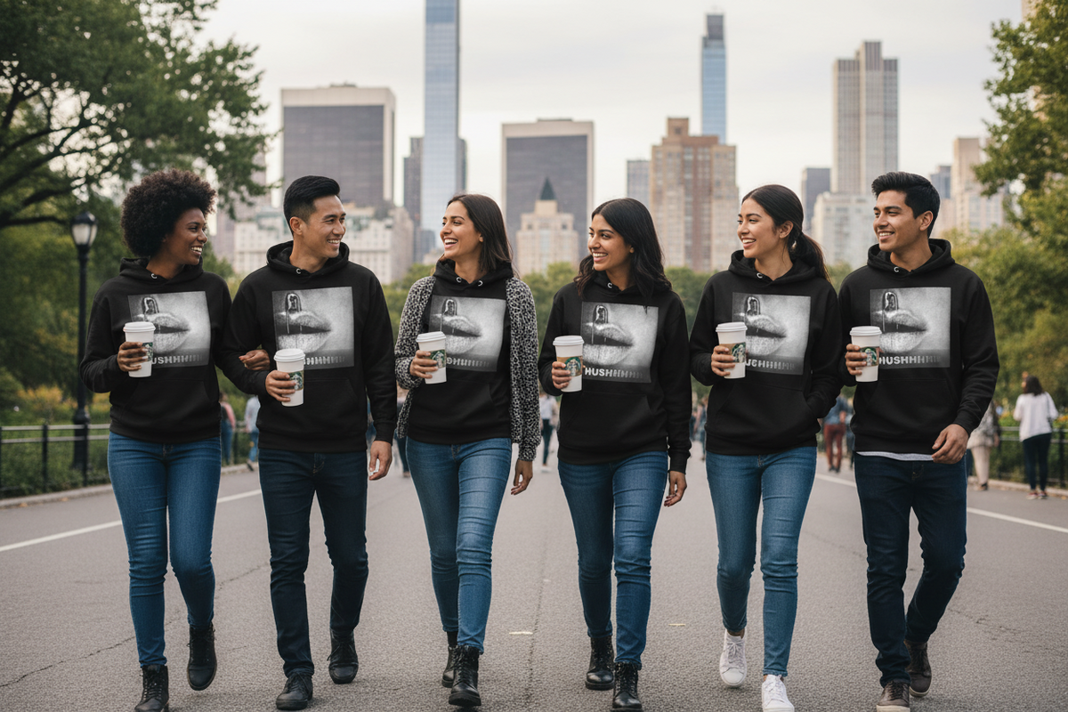 Five friends walking together in an urban park setting, wearing matching black hoodies with a black-and-white graphic print of lips and the text 'LIPS ARE LIFE'.