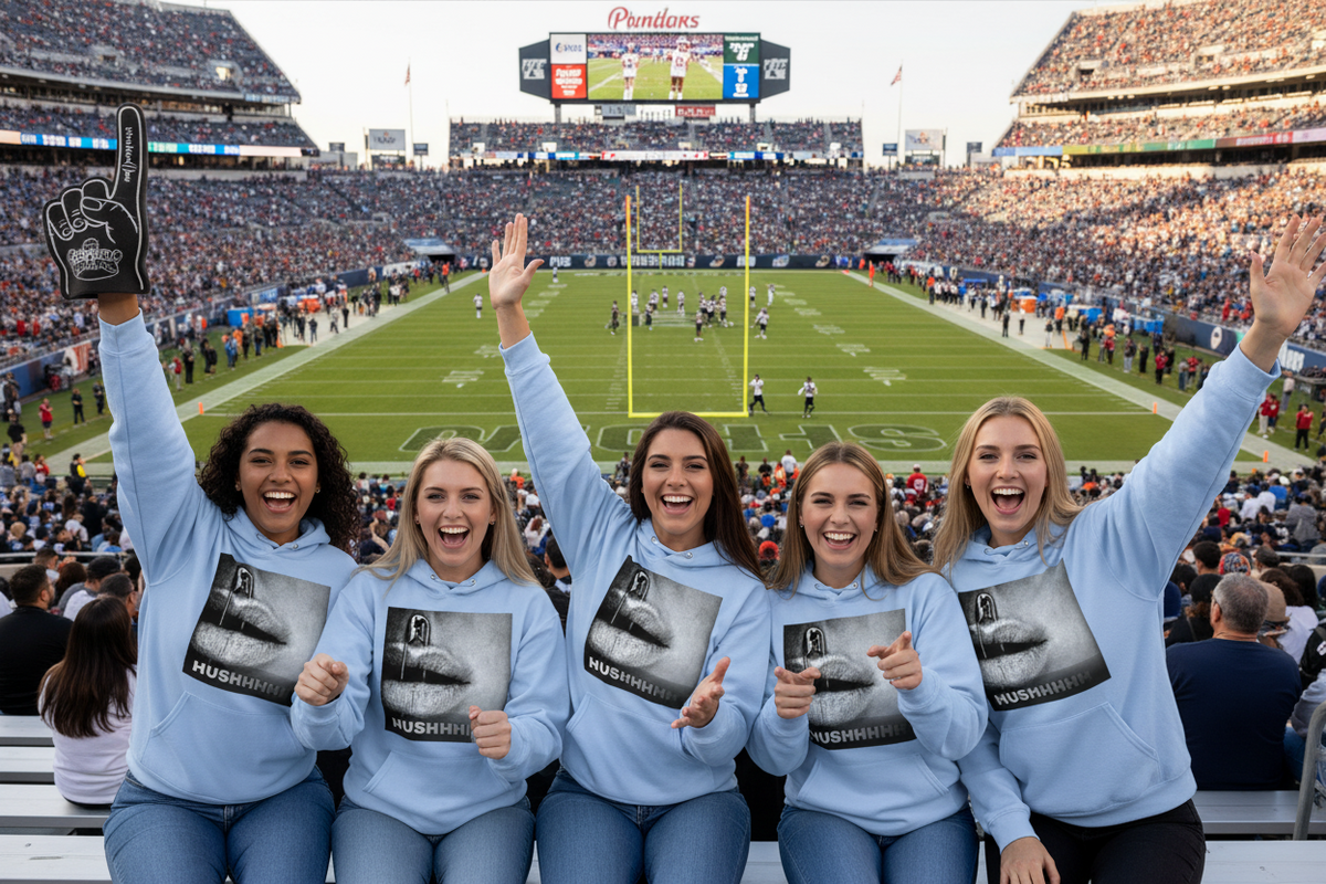 Five women sitting together in a stadium, wearing matching light blue hoodies with a black-and-white graphic of a football helmet and the name 'HUSHIN' printed on the front. They are cheering in front of a crowded football field.
