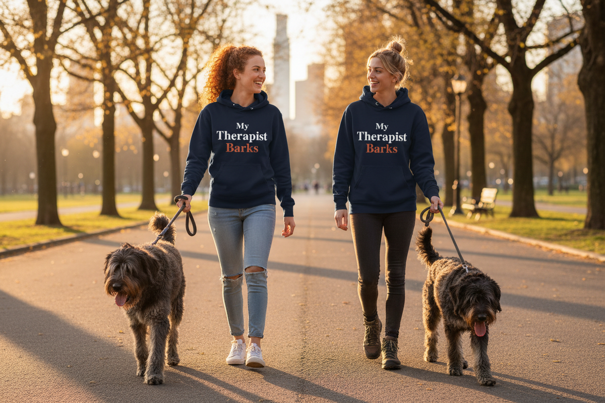 Two women walking dogs on a tree-lined path at sunset, both wearing matching navy blue hoodies with the text 'My Therapist Barks' in white and orange.