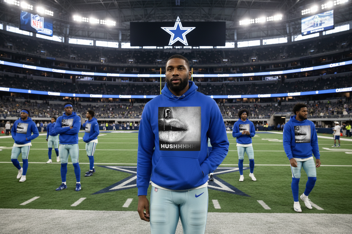 A man stands on a Dallas Cowboys football field wearing a royal blue hoodie with a black-and-white graphic of lips and the word 'KUSHHHHH' on the front, paired with light blue pants. Other Dallas Cowboys players in matching hoodies are visible in the background inside the stadium.