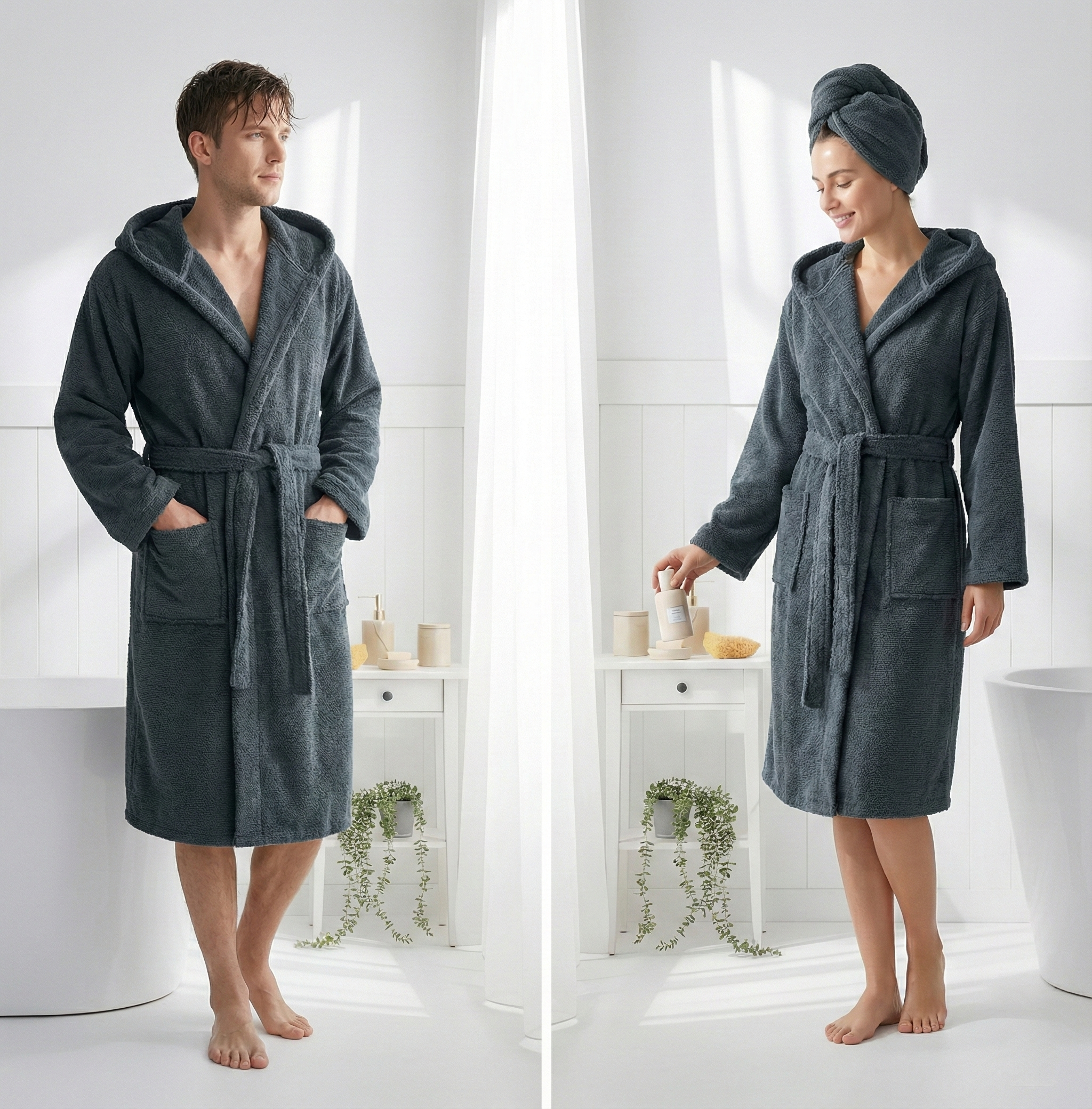 Two people wearing dark gray hooded robes in a bathroom setting.