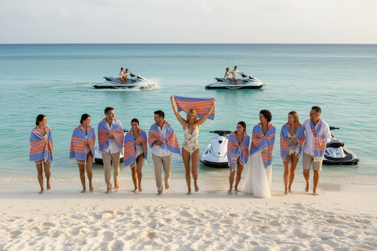 Group of people on a beach with some in the water, wrapped in colorful towels.
