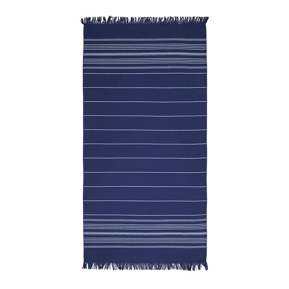A rectangular navy blue towel with thin white horizontal stripes and fringed edges on both the top and bottom, shown flat against a plain white background.