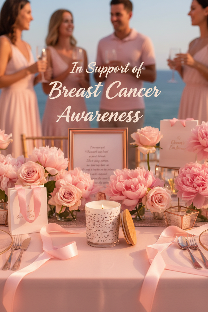 A styled sweetheart table at an outdoor beach wedding with pink roses, pink table linens, and a candle, with blurred brides and grooms in the background. White script text overlay reads 'In Support of Breast Cancer Awareness'.