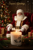 A lit white candle in a glass holder sits in the foreground with a Christmas tree, Santa Claus in a red chair, wrapped gifts, and the words “Season’s Greetings” at the top.