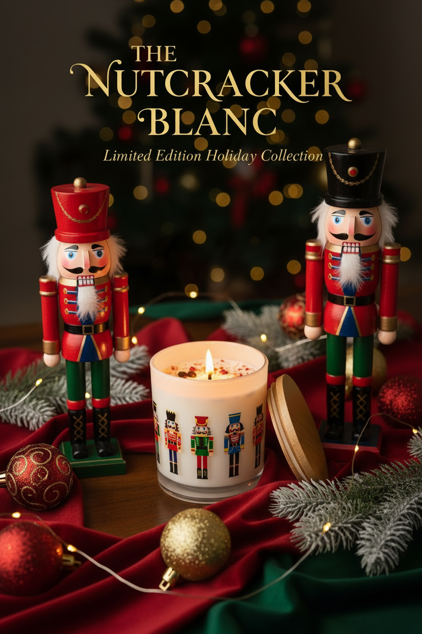 A festive holiday scene with two nutcracker figurines flanking a lit candle in a glass jar. The candle is decorated with colorful nutcracker illustrations and sits on red draped fabric with pine branches, ornaments, and warm string lights.