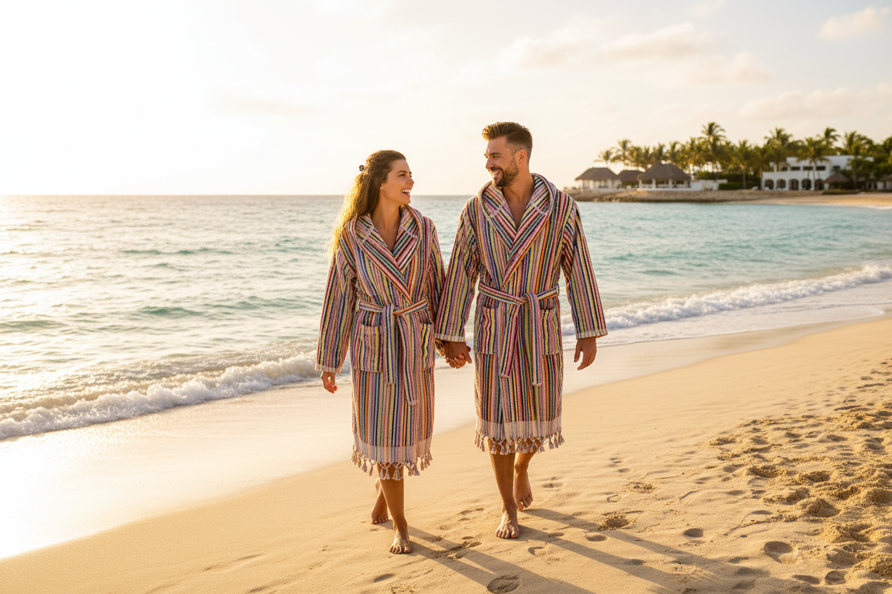 A man and a woman walk hand in hand along a sandy beach at sunset, wearing matching multicolored striped bathrobes.