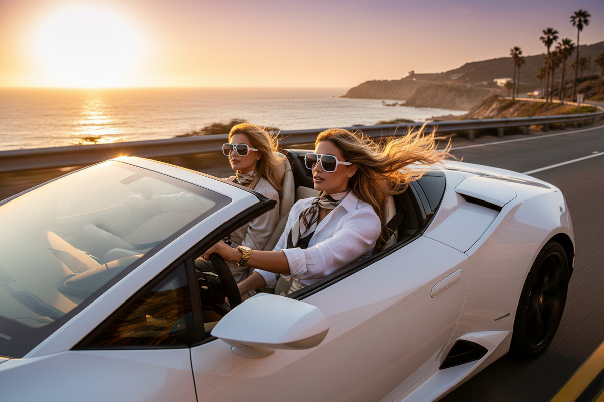 Two women driving a white convertible sports car on a coastal highway at sunset, with ocean, cliffs, and palm trees in the background.