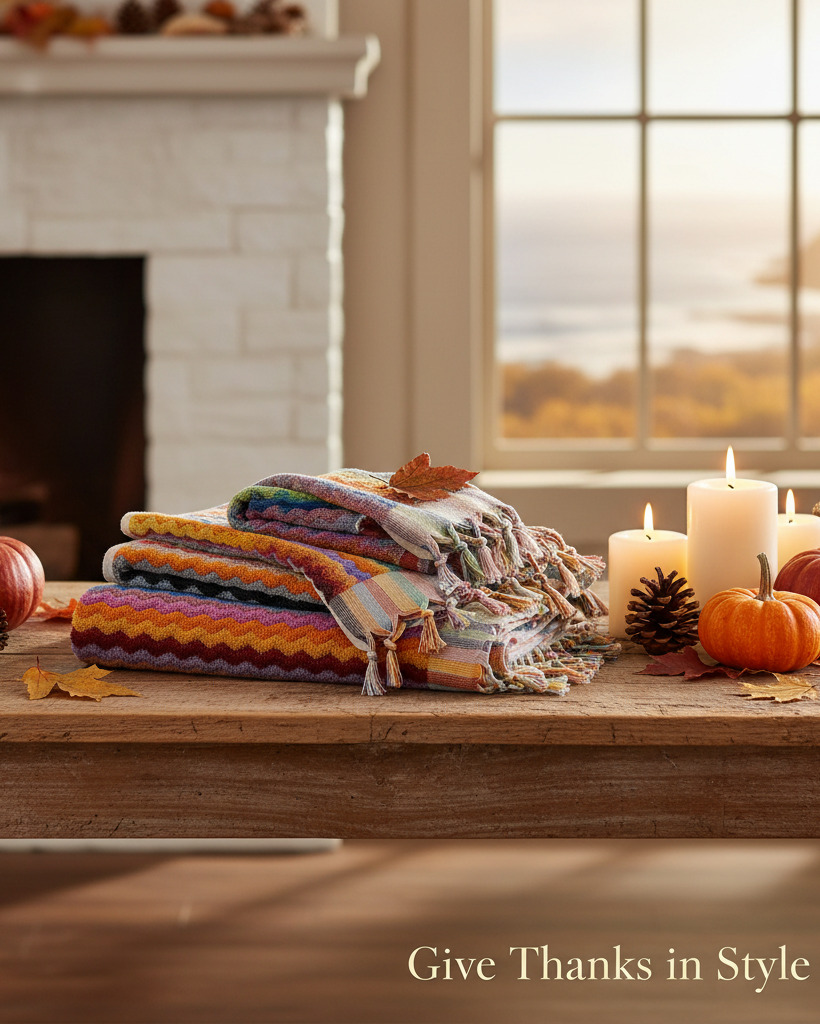 A stack of folded multicolored knit blankets with fringe is displayed on a wooden table in a cozy autumn living room setting, with pumpkins, candles, a fireplace, and a window in the background. The text 'Give Thanks in Style' is visible in the bottom right corner.
