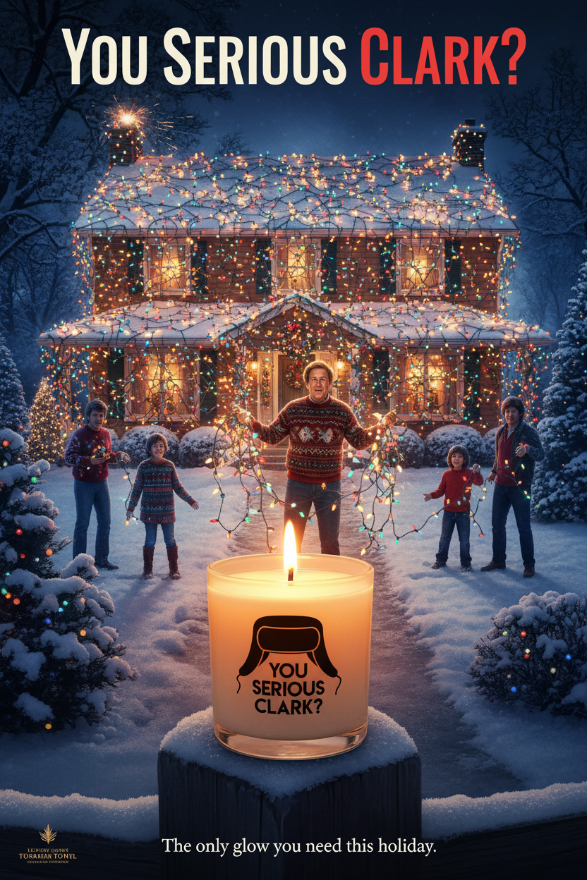 A holiday-themed promotional scene showing a snowy house covered in warm string lights, with several people standing in the yard. In the foreground, a large lit candle on a stump reads 'YOU SERIOUS CLARK?' with a black silhouette graphic.
