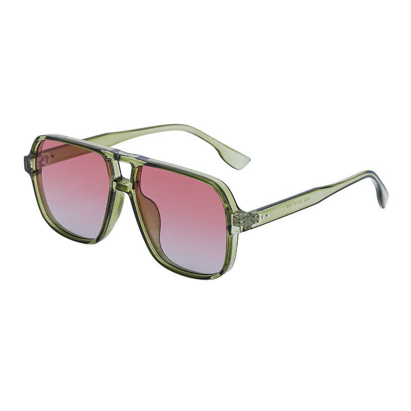 Sunglasses with green frame and pink gradient lenses on a light gray background