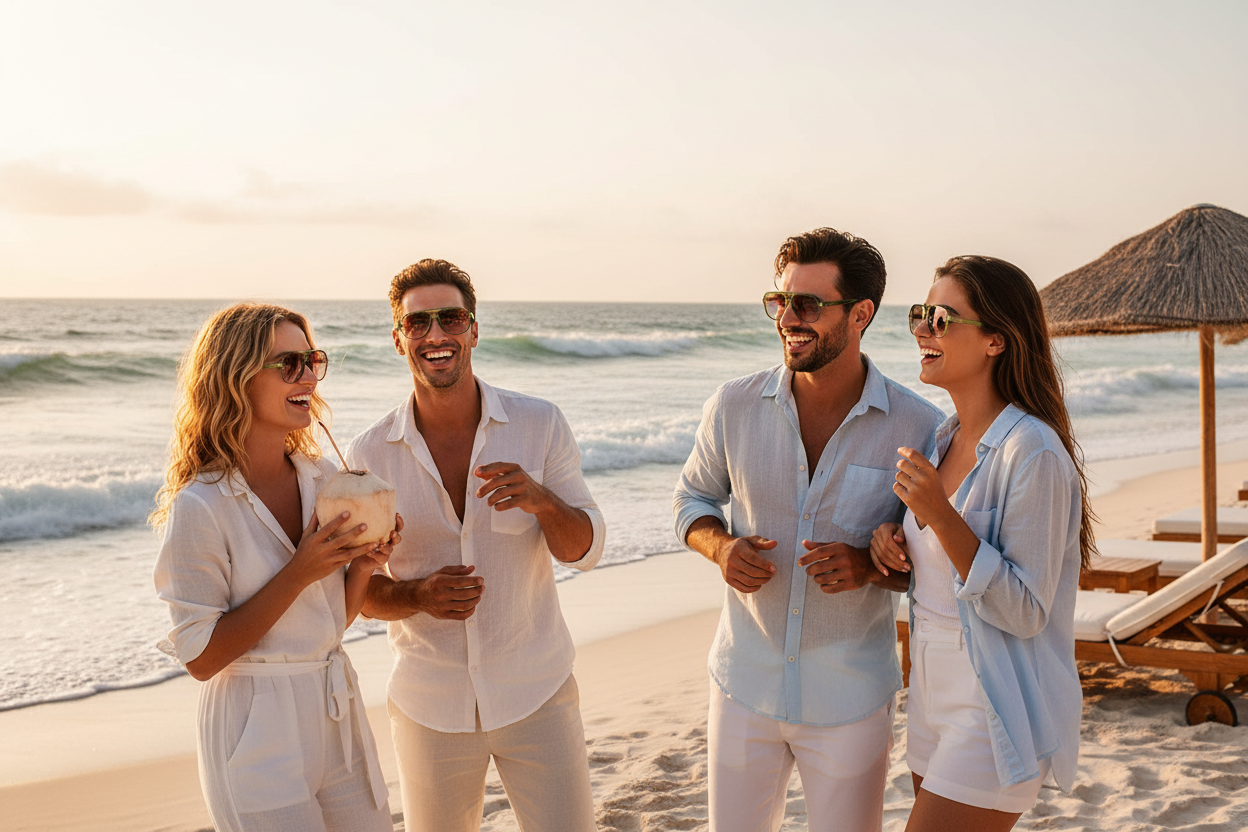 Four people in matching white and light blue beachwear outfits standing on a sandy beach at sunset, with ocean waves and a thatched umbrella in the background.