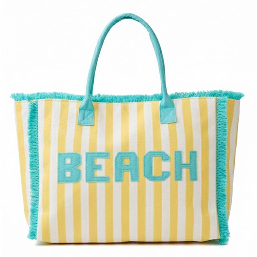 Striped beach bag with 'BEACH' text on a white background