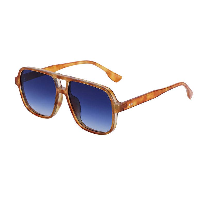 Sunglasses with brown frame and blue gradient lenses on a white background