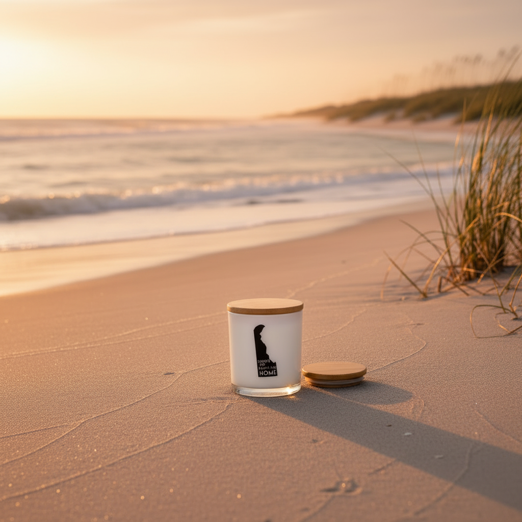 A white glass jar candle with a light wood lid sits on a sandy beach at sunset, with the matching lid placed beside it. The background shows ocean waves, dunes, and warm golden light.