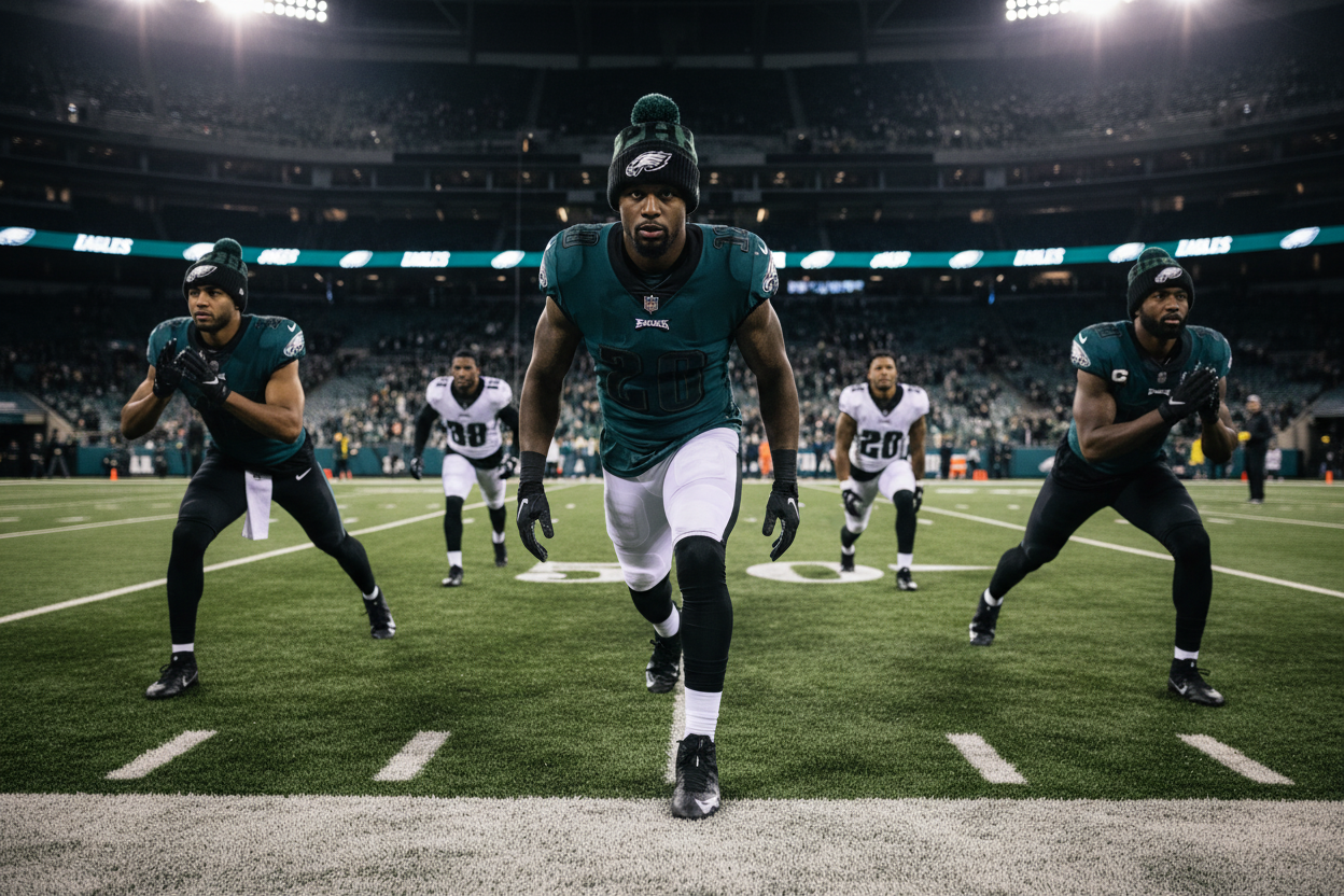 A group of Philadelphia Eagles football players run onto the field during a game, with the central player in a dark teal Eagles jersey and white pants running forward under stadium lights.