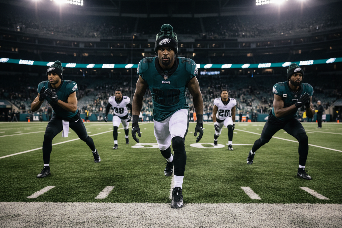 A group of Philadelphia Eagles football players run onto the field during a game, with the central player in a dark teal Eagles jersey and white pants running forward under stadium lights.