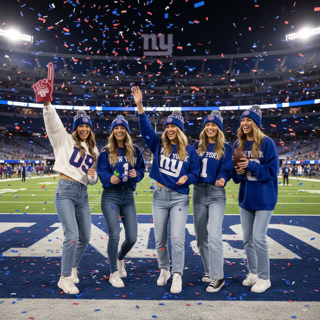 Five women in matching New York Giants apparel pose on a football field under falling confetti. They wear blue and white Giants beanies, sweatshirts, and jeans, with one person holding a football and another holding a foam finger.