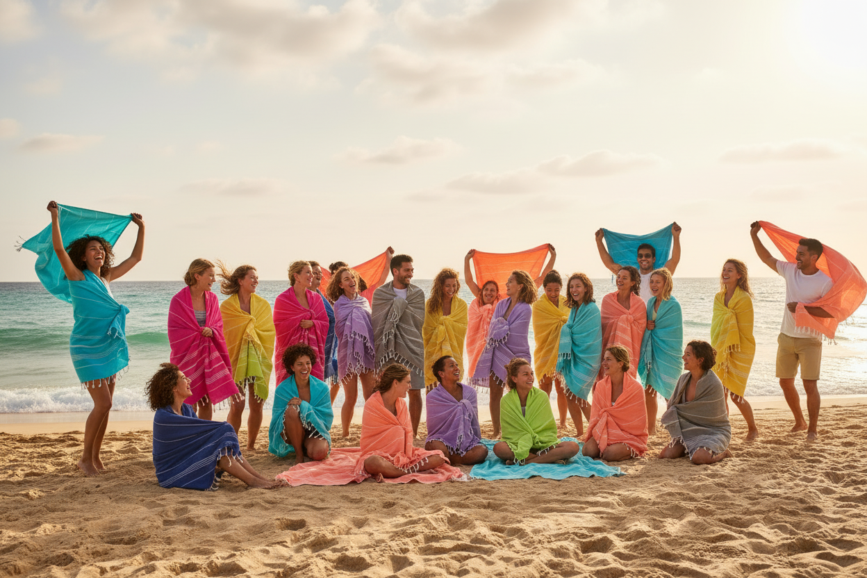 A group of people wrapped in colorful towels and standing or sitting on a sandy beach, each holding up a different towel color including turquoise, pink, orange, yellow, purple, and blue.