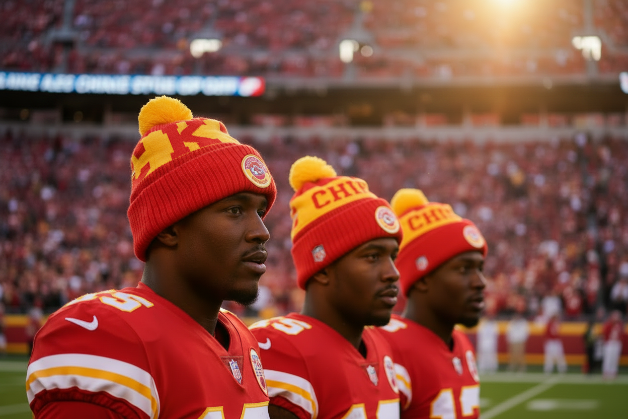 Three Kansas City Chiefs football players wearing red and yellow team jerseys and matching knit beanie hats with pom-poms, standing on a football field in a stadium with a blurred crowd in the background.