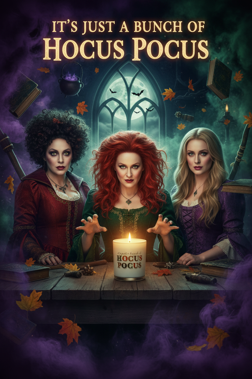 Halloween movie poster for 'It's Just a Bunch of Hocus Pocus' featuring three witches (Sanctoral Sisters) seated around a table with a glowing 'Hocus Pocus' candle, surrounded by floating books, autumn leaves, and a gothic cathedral window in the background.