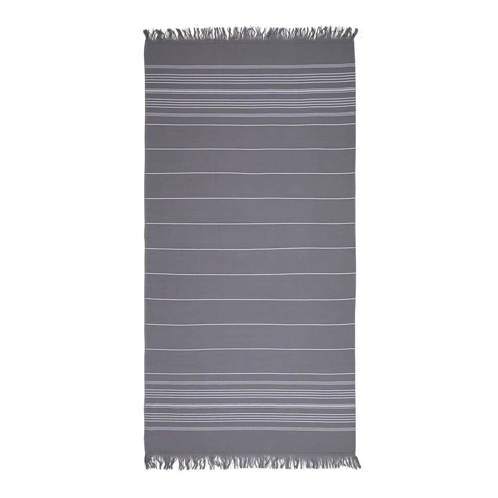 A rectangular gray towel with thin white horizontal stripes and fringed edges on the top and bottom, shown flat against a white background.