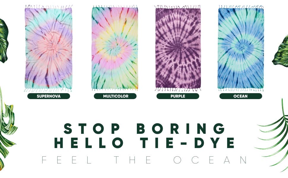 Four tie-dye patterns with labels on a white background