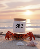 Two small white jars labeled 302 are placed on a sandy beach with red crabs and seashells in the foreground, with the ocean and sunset in the background.