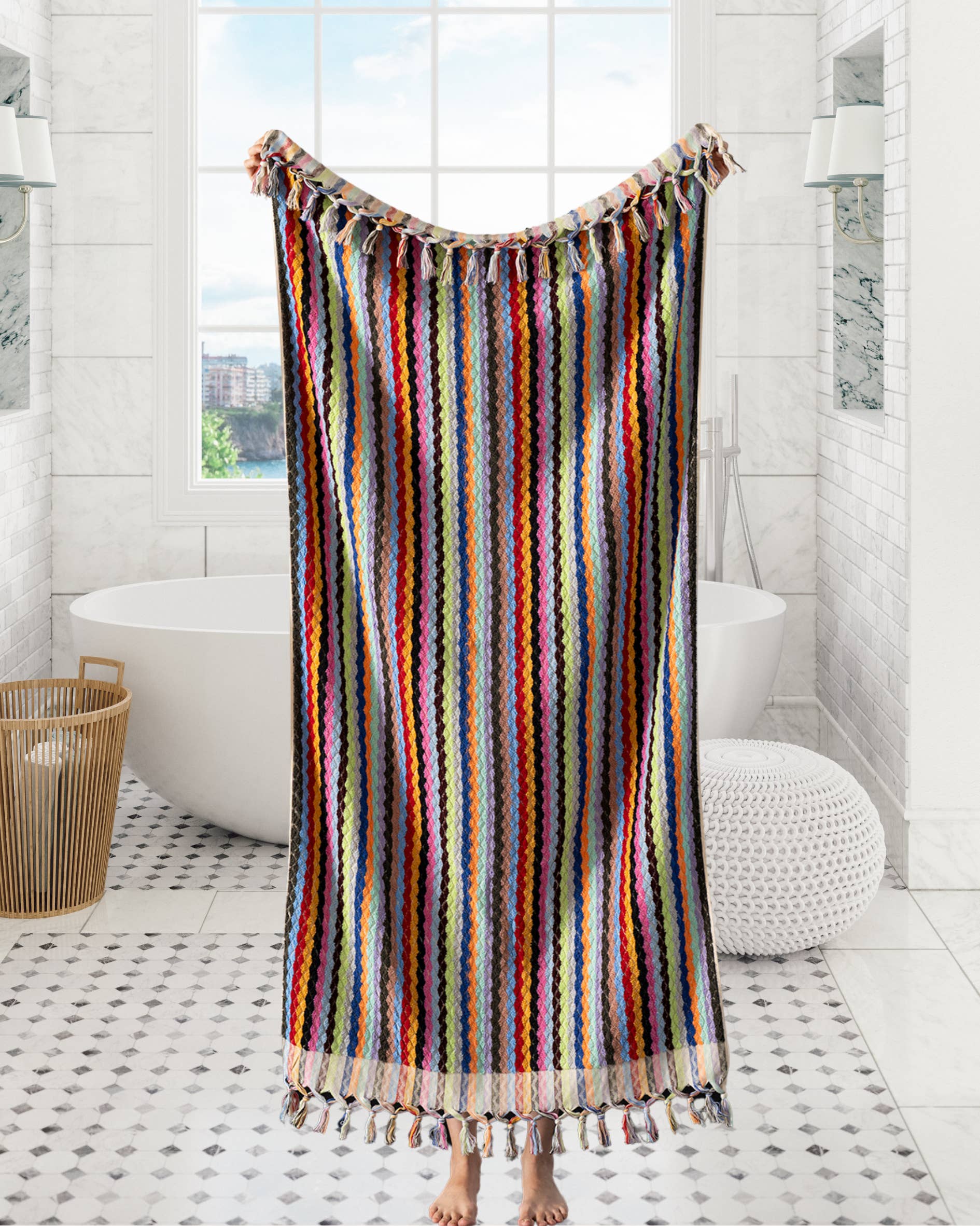 Colorful striped towel hanging in a bathroom