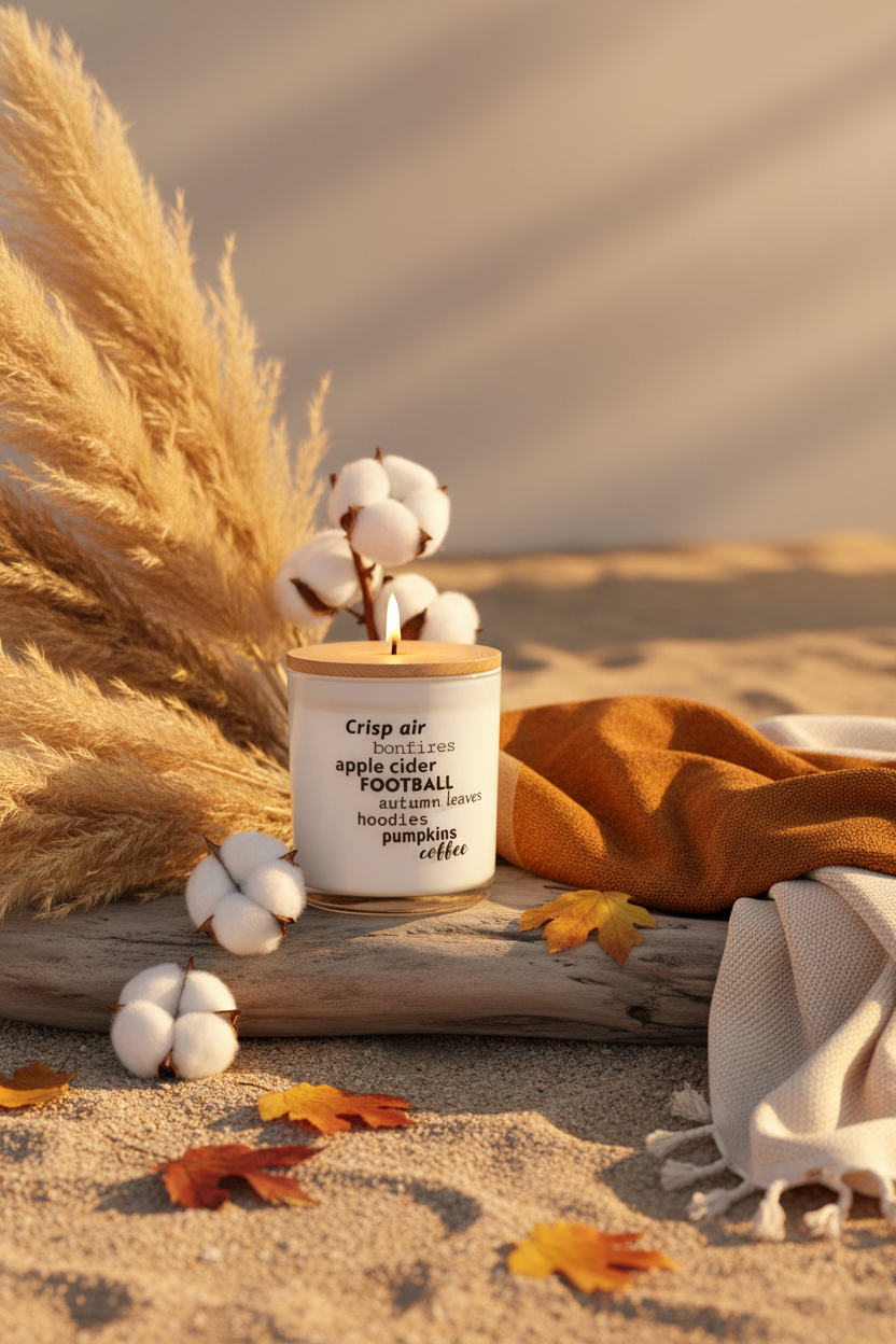 A lit soy candle in a white glass jar with a wooden lid sits on a driftwood log in a sandy, autumnal setting. The candle is surrounded by cotton bolls, pampas grass, a rust-colored knit blanket, and a cream-colored fringed throw, with scattered orange leaves on the sand.