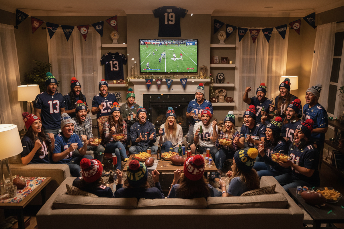 A large group of friends and family gathered in a cozy living room, cheering on a football game together. Many are wearing matching navy blue Philadelphia Eagles jerseys and festive red, green, and blue knit beanies.