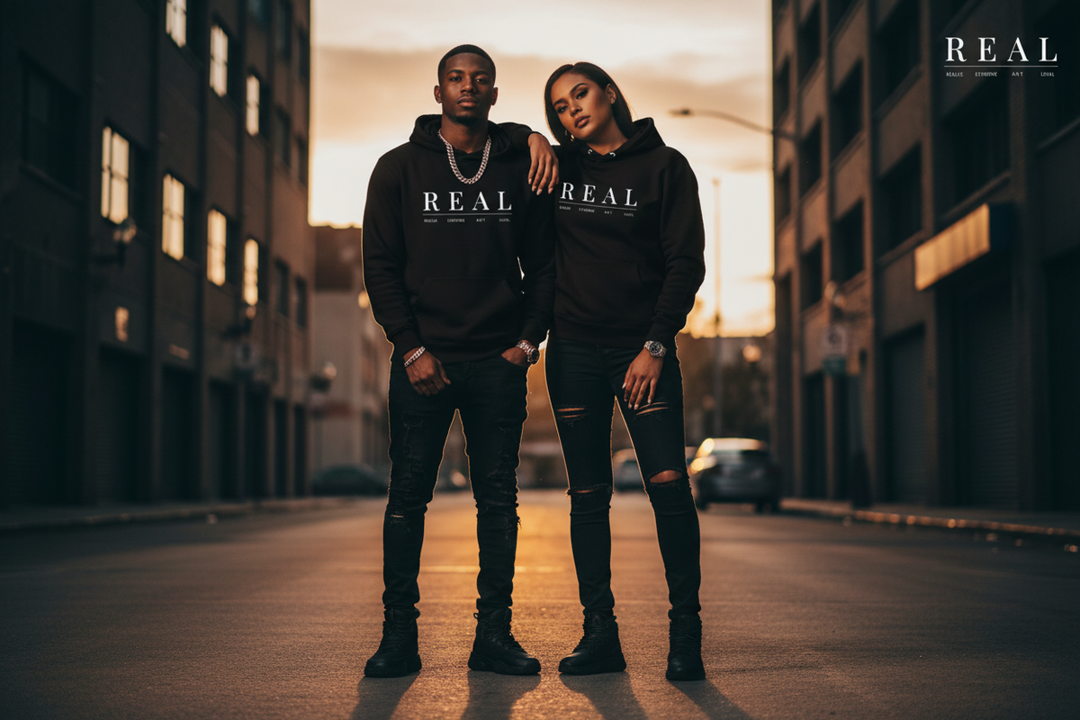 Two models standing on a city street at sunset wearing matching black hoodies with 'REAL' printed in white across the chest, paired with distressed black jeans and black boots. The brand logo 'REAL' is also visible in the top right corner.