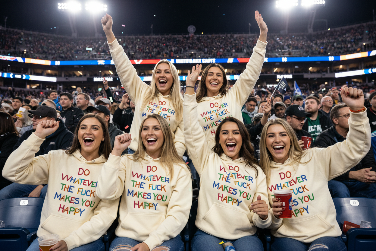 Five women cheering in a crowded sports arena, wearing matching cream-colored hoodies with colorful text that reads 'DO WHATEVER THE FUCK MAKES YOU HAPPY'.