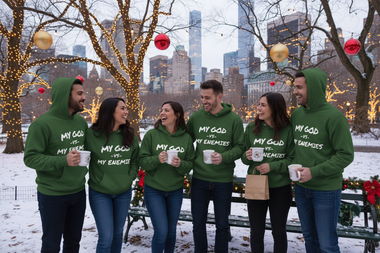 Six people standing outdoors in a snowy park wearing matching green hoodies with the white printed text 'MY GOD AND MY ENEMIES'. The background shows holiday lights, trees, and a city skyline.