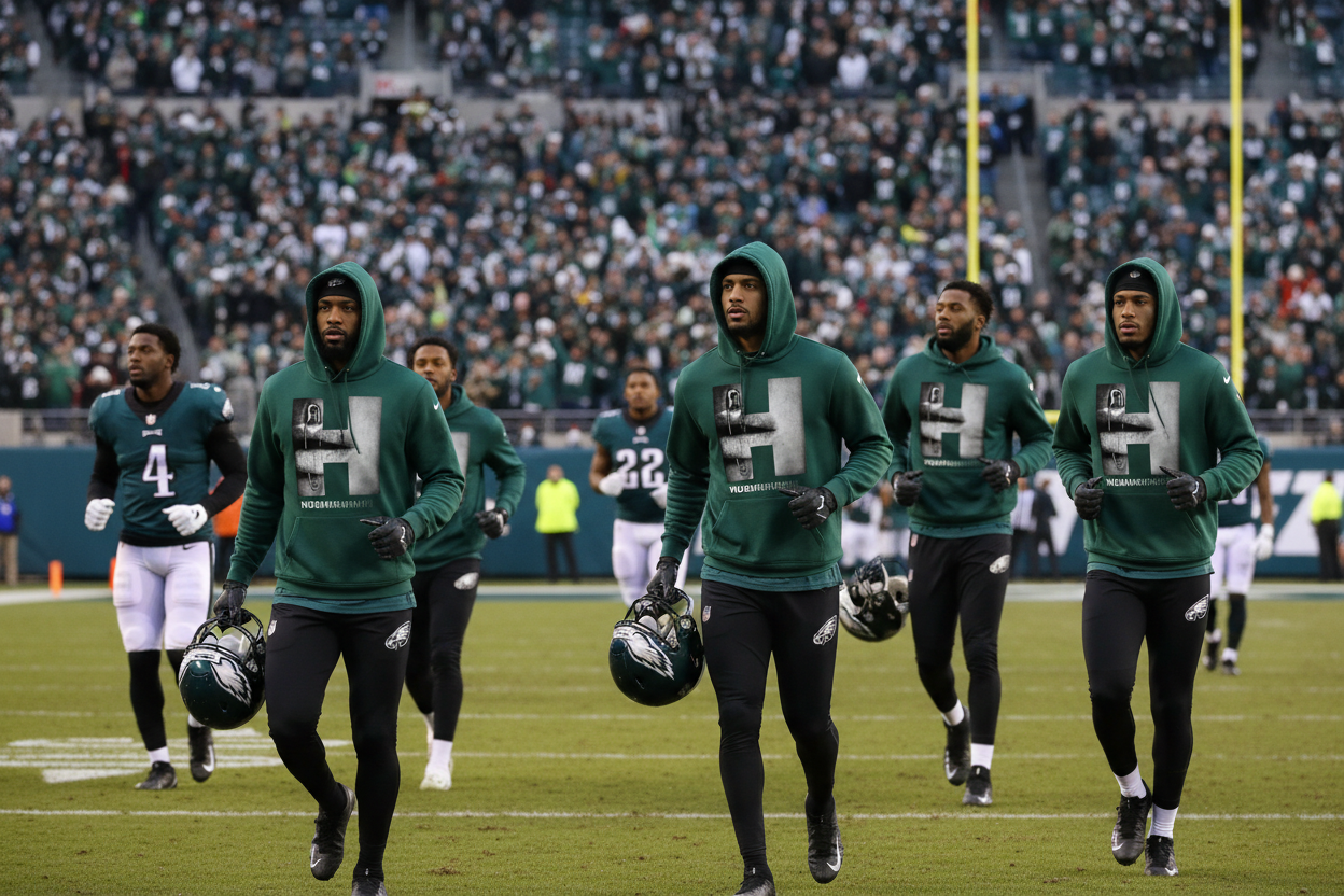 Philadelphia Eagles football players walking onto the field during a game, wearing matching dark green hoodies with a large white 'E' logo and black pants.