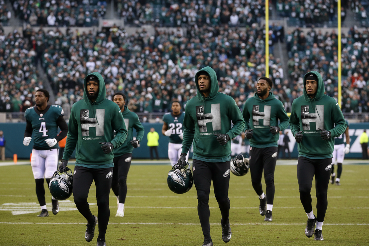 Philadelphia Eagles football players walking onto the field during a game, wearing matching dark green hoodies with a large white 'E' logo and black pants.