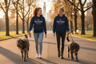 Two women walking dogs on a tree-lined path at sunset, both wearing matching navy blue hoodies with the text 'My Therapist Barks' in white and orange.