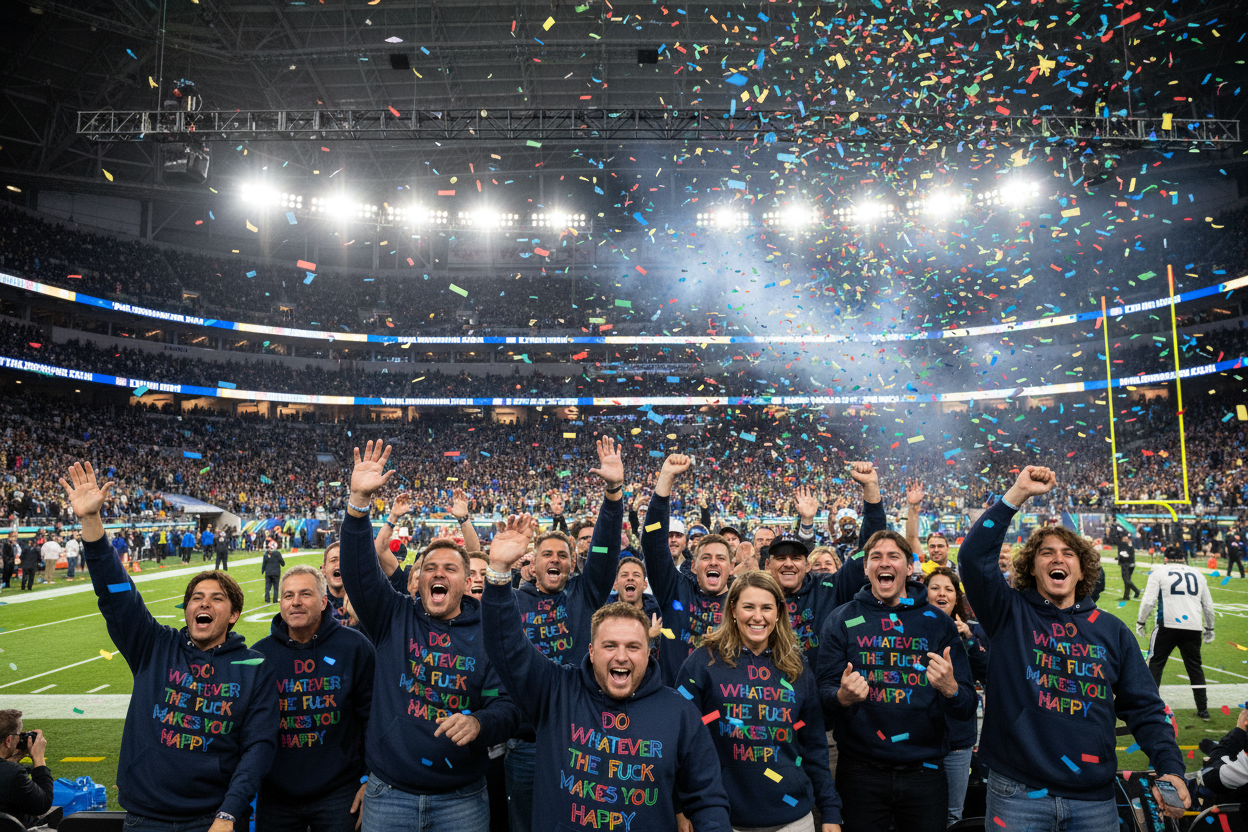 A group of people celebrating on a football field under stadium lights with confetti falling, wearing matching navy blue long-sleeve shirts with colorful text that reads 'I DO WHATEVER RUCK WHEN YOU HAPPY'.