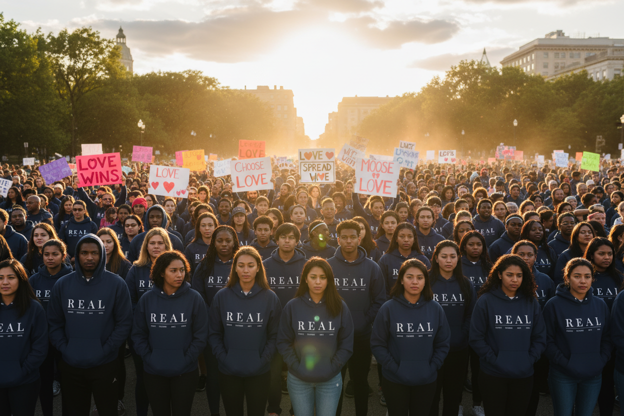 A large crowd of people standing outdoors at sunset, many wearing matching navy blue hoodies with the word 'REAL' printed in white across the chest. Several people hold protest-style signs, including one that reads 'LOVE WINS.