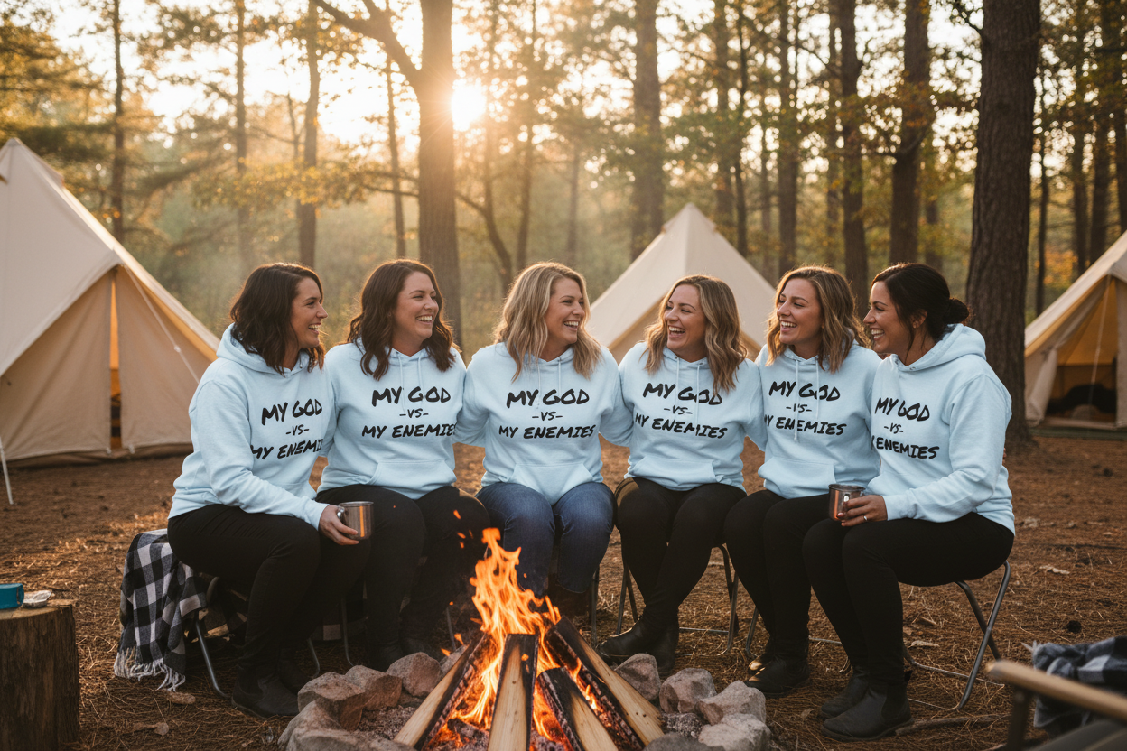 Five women sitting around a campfire at sunset in a forest, wearing matching light blue hoodies with the text 'MY GOD IS MY EMERBIS' printed in black.