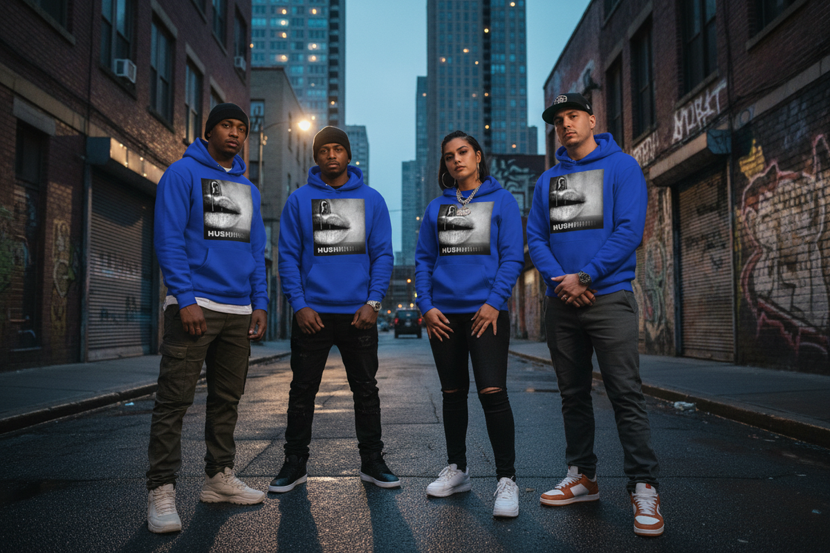 Four people standing on a city street wearing matching bright blue hoodies with a large black-and-white graphic print on the chest.