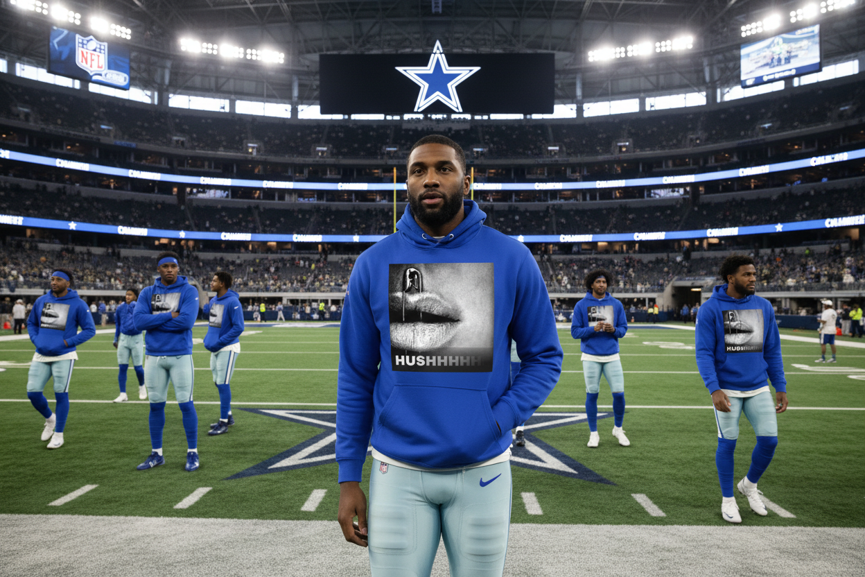A man stands on a Dallas Cowboys football field wearing a royal blue hoodie with a black-and-white graphic of lips and the word 'KUSHHHHH' on the front, paired with light blue pants. Other Dallas Cowboys players in matching hoodies are visible in the background inside the stadium.
