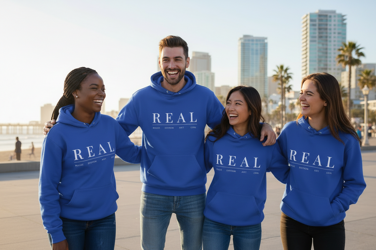 Four people standing together outdoors on a sunny day, each wearing a bright royal blue hoodie with the word 'REAL' printed in white across the chest. The background shows a city skyline with palm trees and buildings.