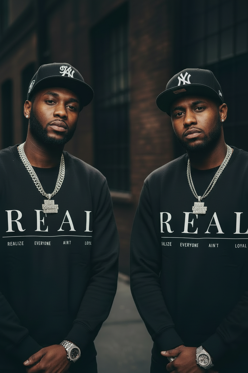 Two men standing side by side wearing matching black crewneck sweatshirts with 'REAL' printed in white across the chest, black New York Yankees caps, silver chain necklaces, and wristwatches, set against a dark brick building background.