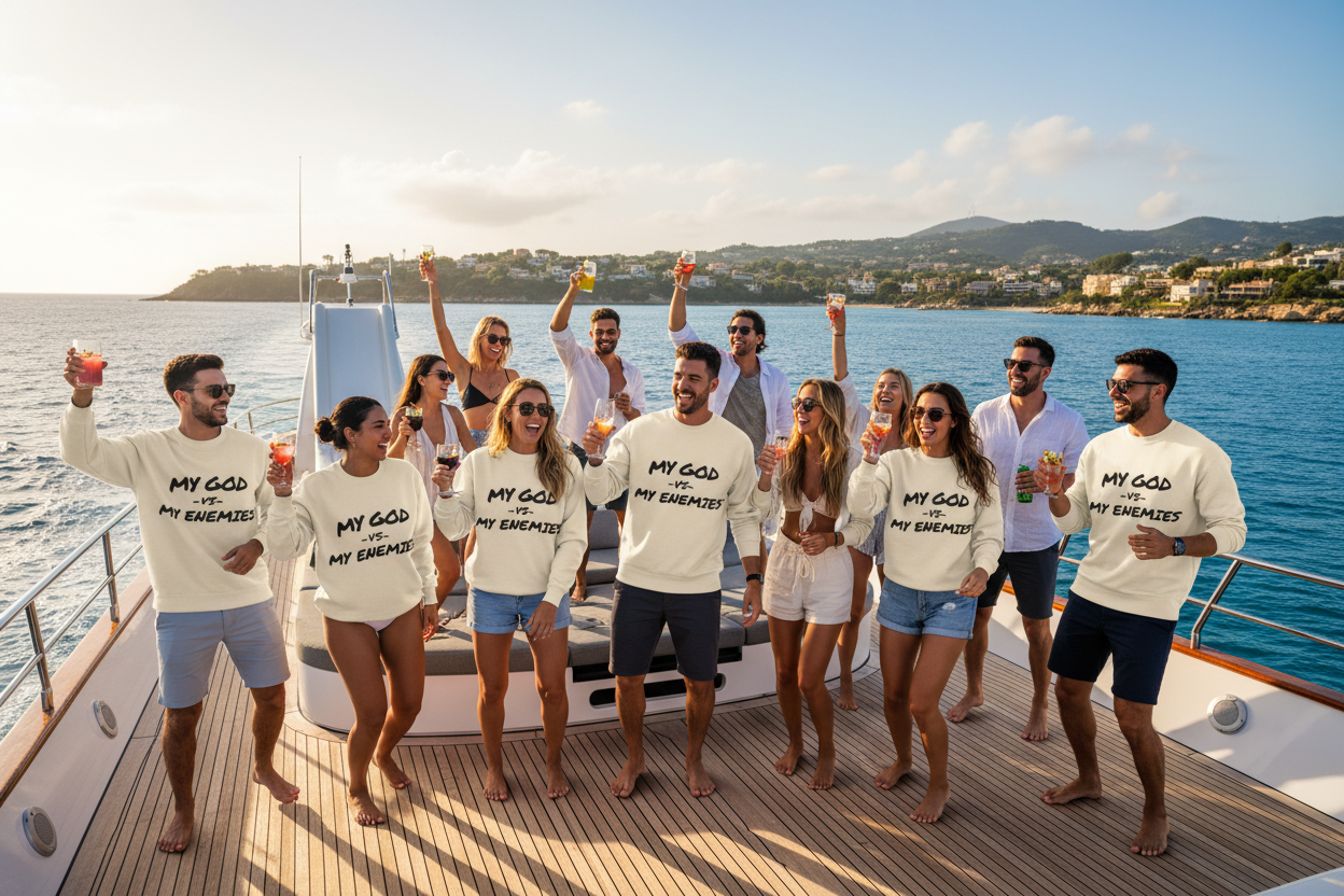 A group of ten people standing on a yacht deck, wearing matching white crewneck t-shirts with the black printed text 'MY GOD AND MY EXERCISE'. The background features a sunny blue sea and coastline under a clear sky.